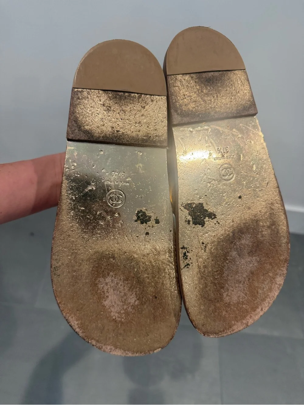 CHANEL Metallic Gold Velcro Logo Sandals